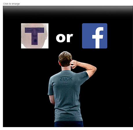 Mark Zuckerberg is seen from behind as he scratches his head considering T for True and Trump or False with the Facebook F logo.