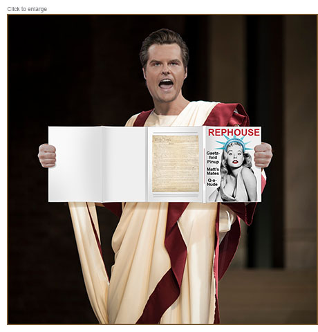 U.S. representative Matt Gaetz in a Roman toga holds up a copy of dirty magazine Rephouse with a sexy Lady Liberty on the cover and it's conterfold opened up.