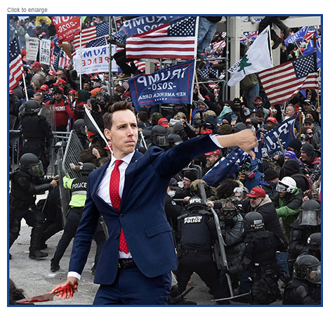 Sen. Josh Hawley holding a bloody knife in his right hand indicates thumbs down with his left to a bipartisan commission to investigate the January 6 Capitol Riot seen behind him.