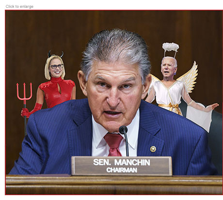 Sen. Joe Manchin with a Kyrsten Sinema Devil on his right soldier and a Joe Biden Angel on his left.