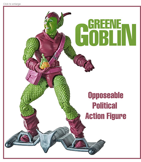 Spoof of a toy add for Greene Goblin Opposeable Political Action Figure with Rep. Marjorie Taylor Greene's head attached to a Green Goblin doll.