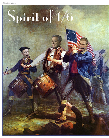 Spoof of the painting the Spirit of '76 repalcing January 6 Inquiry resisters Scott Perry, Kevin McCarthy and Jim Jordan under the title Spirit of 1/6.