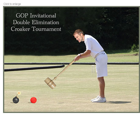 Photo-illustration spoof of the process of deciding the Republican  Speaker of the House of Representatives picturing Rep. Jim Jordan as the second nominee standing on a croquet pitch hitting a red ball with a giant gavel towards a lit round bomb under the title GOP Invitational Double Elimination Croaker Tornament.