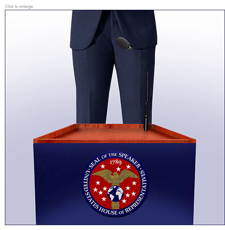 Saitirical photo-illustration showing the podium of the Speaker of the House of Representatives and visually punning on the new electee Mike Johnson's name by showing the lower part of his body in a blue suit above the stand and the microphone pointing at his crotch.