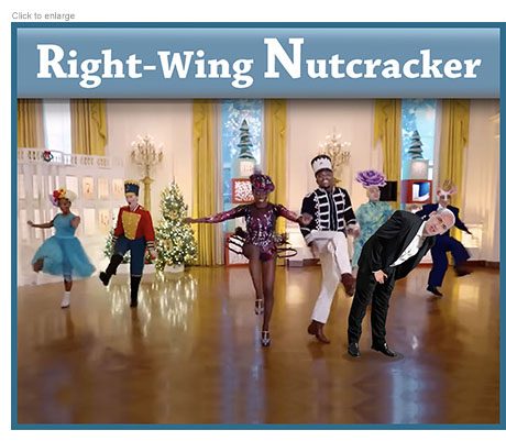 Photo-illustration spoof of the tap-dance Christmas performance by Dorrance Dance at the White House arranged by Jill Biden that upset conservative critics for being too woke. Trump aide Stephan Miller piches forward and clutches his crotch after being kicked from hehind by a smiling Black dancer dressed like the prince from the Nutcracker ballet. The title of the scene is Right-Wing Nutcracker,