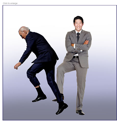 Satirical photo-illustration on the Special Counsel's report on President Joe Biden's handling of classified documents which characterized him as "a sympathetic, well-meaning, elderly man with a poor memory." A smiling Special Counsel Robert Hur is shown raising his right foot to trip Biden who is seen pitching forward.