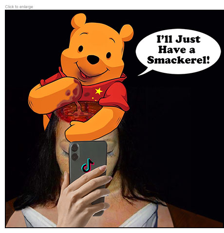 Satirical photo-illustration of an Asian woman with her face covered by a smartphone with the TikTok symbol on its back. The top of her head is sawed off exposing her brains and Winnie the Pooh, representing Chairman Xi Jinping's China is scooping out the matter to eat as he says, "I'll just have a smackerel!" 
