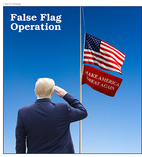 Satirical photo-illustration showing President Trump from behind saluting the American and MAGA flags hung at half-mast to honor his political operative Charlie Kirk who was shot dead at a speaking engagement at Utah Valley University.
