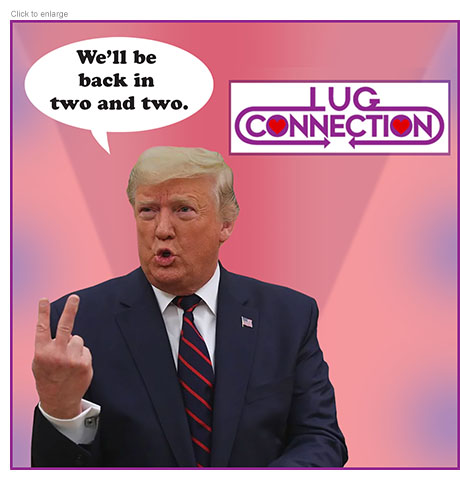 Satirical photo-illustration mocking President Trump putting off decisions like whether  to bomb Iran depicting him as the game show host Chuck Woolery in front of a Lug Connection logo on set as he holds up two fingers representing two weeks and saying ‘We'll be back in two and two.’