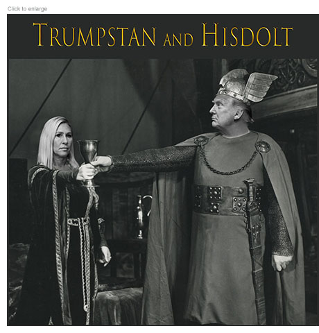 Satirical photo-illustration about the political breakup of President Donald Trump and his formerly-loyal MAGA follower Rep. Marjorie Taylor Greene who decided to resign from Congress as a spoof of the Wagnerian opera Tristan and Isolde retitled Trumpstan and Hisdolt. Trump is seen as the prince who holds out a parting chalice to a stolid Greene as his spurned lover.