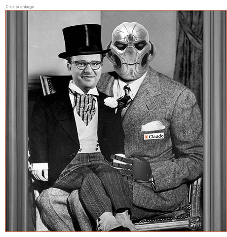 Satirical photo-illustration about fears of Artificial Intelligence from within the industry itself showing Anthropic CEO Dario Amodei as a Charlie McCarthy-style dummy in a tuxedo and top hat sitting on a lap of his ventriloquist that looks like the robotic marvel supervillain Ultron in a suit with a Claude logo on the pocket.
