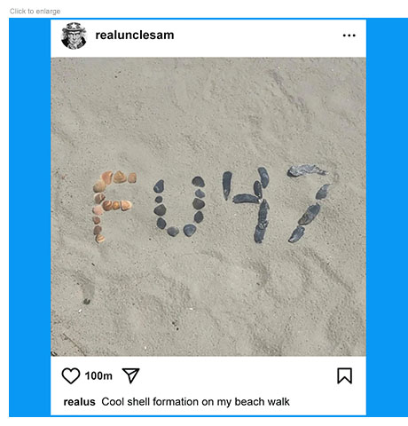Satirical photo-illustration about the Trump DOJ's indictment of former FBI Director Comey over a social media post showing sea shells spelling out '86 47' that they claim promoted political violence in ousting the president. This spoofs that by spelling out ‘FU 47’ in shells in a post from realunclesam over the caption ‘Cool shell formation on my beach walk.’