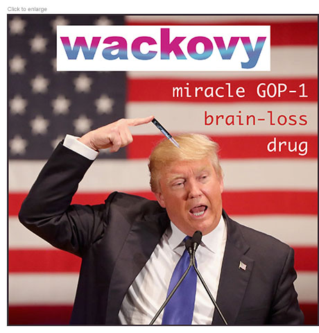 Satirical photo-illustration about President Trump's mental acuity spoofing a weight-loss drug advertisement recast as Wackovy showing Trump sticking a syringe in his head with the American flag as a background. The copy reads 'miracle GOP-1 brain-loss drug.'