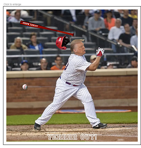 Satirical photo-illustration about the Supreme Court striking down Trump's use of tariffs showing him as a stocky baseball hitter at the plate swinging wildly and missing the ball as his IEEPA Tariff bat goes flying and his red MAGA batting helmet comes off.