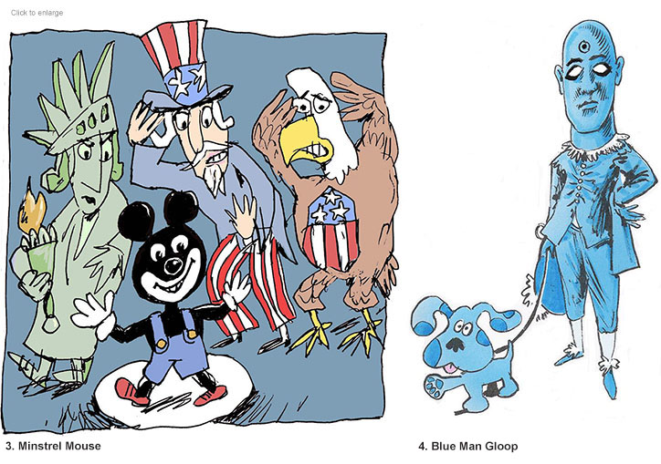 Mickey Mouse in blackface shocking Lady Liberty, Uncle Sam and the American Eagle and Dr. Manhattan dressed as Gainsborough's Blue Boy taking he dog Blue for a walk