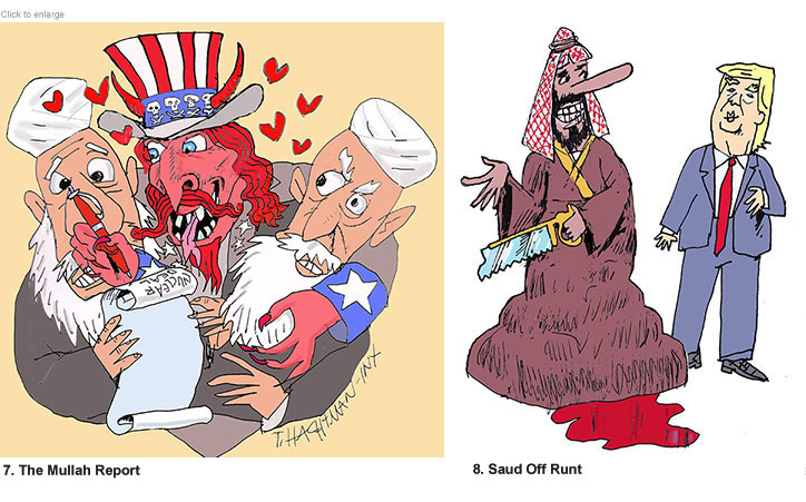 The Mullah Report with the American Great Satan getting Iranian Imamas to sign a nuclear deal and Crown Prince Salman greeting President Trump with a saw in his hand and blood pooling beneath his robes