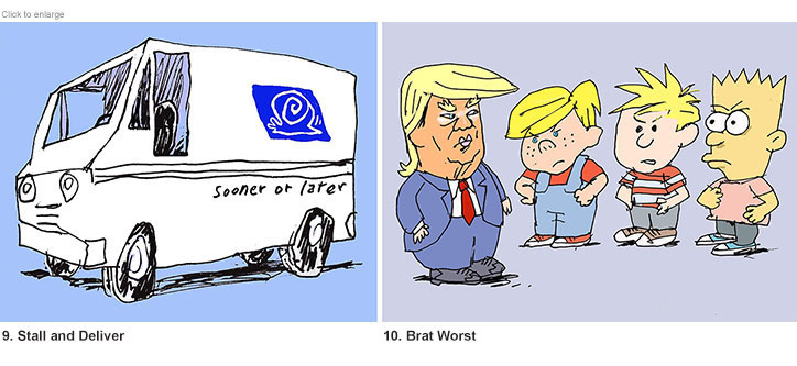 Stall and Deliver drawing of a mail truck with a snail on it and Brat Worst with Donald Trump, Dennis the Menace, Calvin, and Bart Simpson