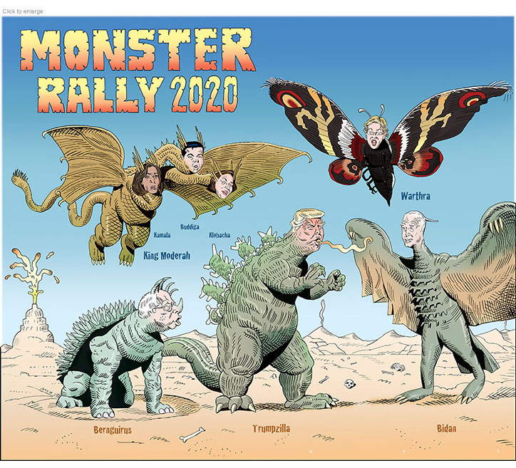 American politicians as Japanese movie monsters including Trump, Biden, Sanders, Harris, Buttigieg, Klobuchar and Warren as Trumpzilla, Bidan, Bernguirus, King Moderah and Warthra