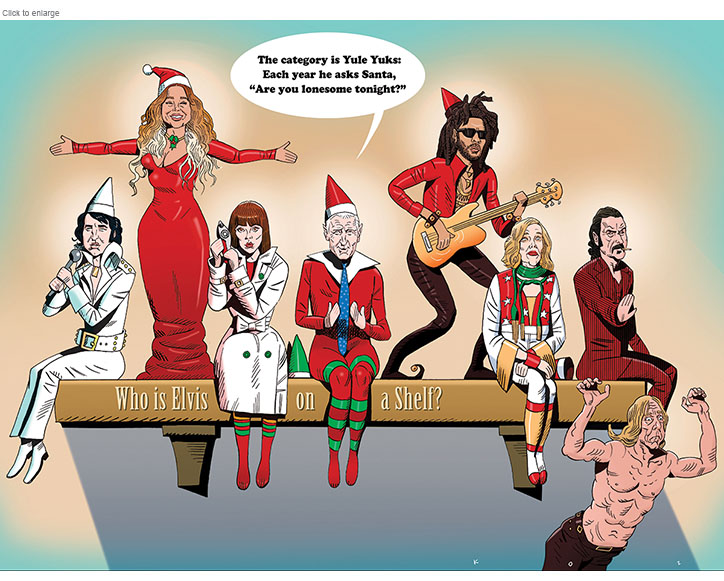 Spoof with eight celebrities as Christmas elves on the shelf including Elvis Presley, Mariah Carey, Barbara Feldon of Get Smart, Alex Trebek of Jeopardy, Lenny Kravitz, Catherine O’Hara of Schitt’s Creek, Ian McShane of Deadwood who is pushing a bare-chested Iggy pop off the shelf.