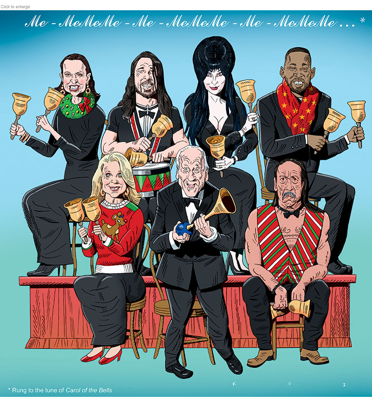 Caricatures of celebrity memoirists in a Christmas bell-ringing grouo, including Gloria Vanderbilt, Dave Grohl, Elvira, Will Smith, Katie Couric, Mel Brooks and Danny Trejo.