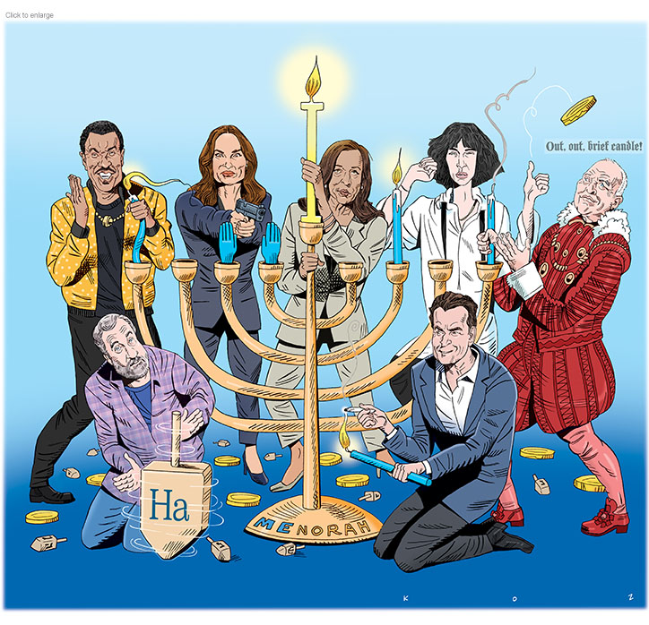 Cartoon about celebrity memoirists with books on sale for the 2025 holiday season using a Hanukkah MEnorah as a unifying image. Standing behind it, Lionel Richie sings into a candle like a microphone, Mariska Hargitay draws a gun on a pair of wax hands raised in the candelabra, Kamala Harris grips a Shabbas candle in the shape of the letter I, Patti Smith flips a gelt coin, and Anthony Hopkins as Macbeth intones 'Out, out, brief candle!" to a snuffed one. Kneeling in front Judd Apatow spins a big dreidel that say ‘Ha’ on it and Charlie Sheen uses a candle to light a joint.